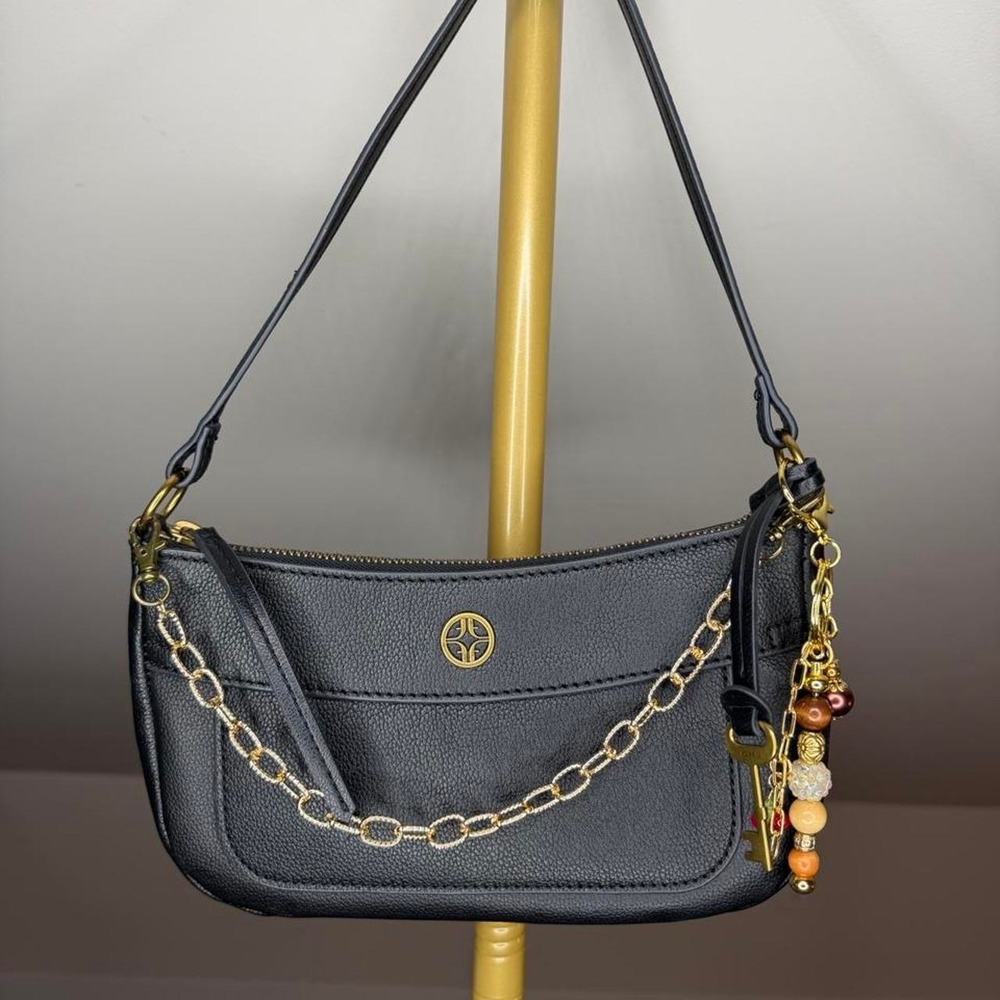 Fossil Black Shoulder Bag Crossbody plus Gold Chain Bag Charm Y2K Boho Fall